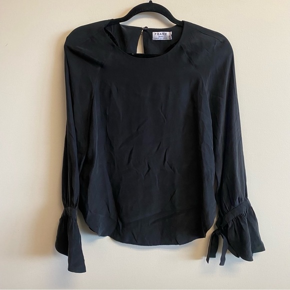 FRAME Women's Voluminous Cuff Silk Black Long Sleeve Flutter Blouse Size XS - Picture 2 of 6